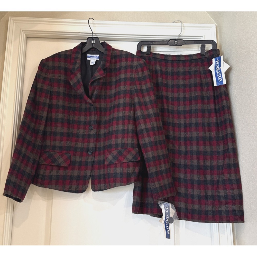 VTG NWT Pendleton Wool Blazer Suit Set Coat Sz 10 & Midi‎ Skirt Sz 12 Red Plaid